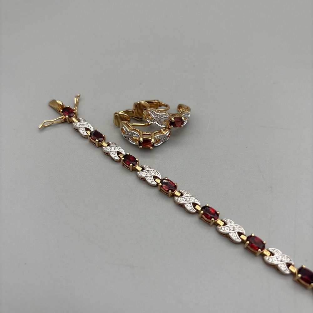Tennis Bracelet & Earrings Set Garnets & Rhinestones Gold Tone Red Stunning GIFT - Picture 2 of 15